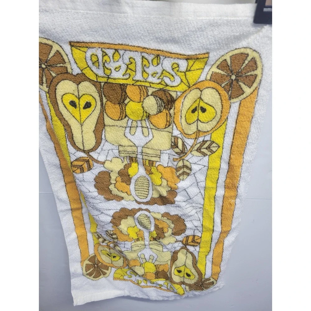 Vintage 70s Retro Fruit Salad Kitchen Towel White Cotton Yellow Orange Brown MCM